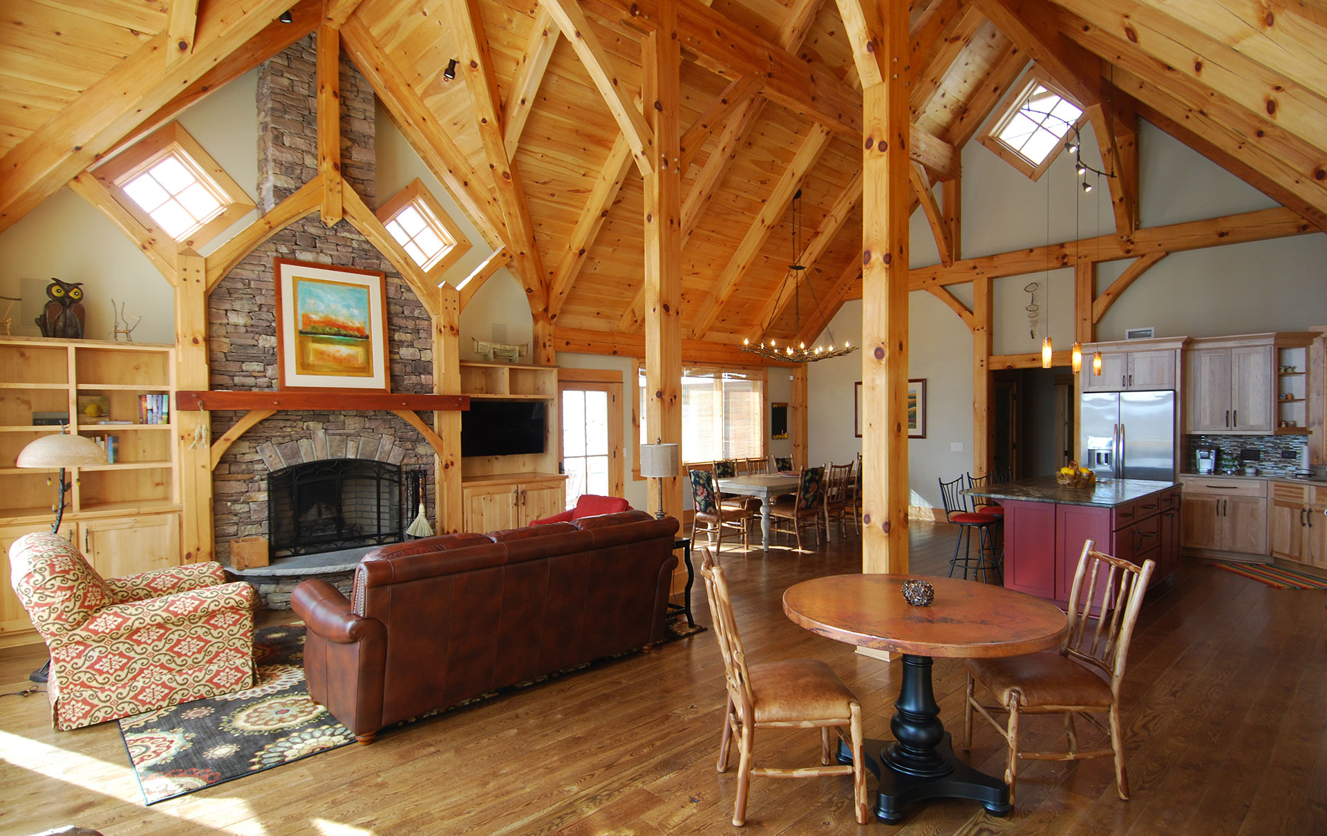 Interior photo of a timber frame house.